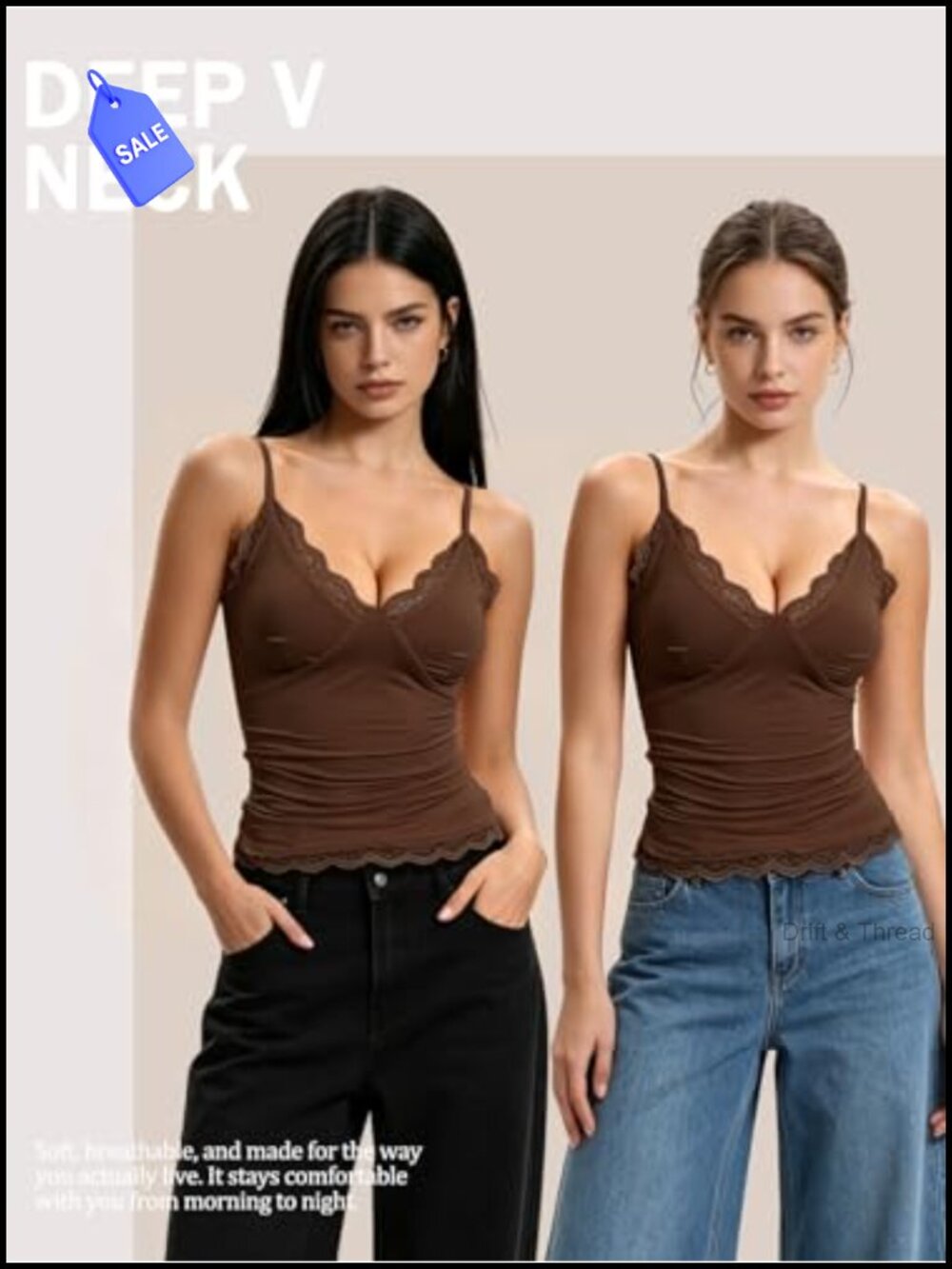 Women's Lace Trim Cami Tank Top Double Lined Spaghetti Straps V Neck - Picture 5 of 5